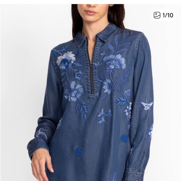 Johnny Was Tops - Johnny Was - Dark Blue Embroidered Chambray Tunic- Jazmine zip up
